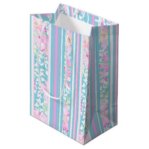 Roses Butterflies Pink Blue White Stripes Gift Bag