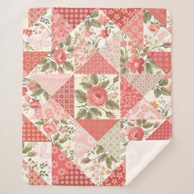 Roses Butterflies Seamless Patchwork Sherpa Blanket (Front)