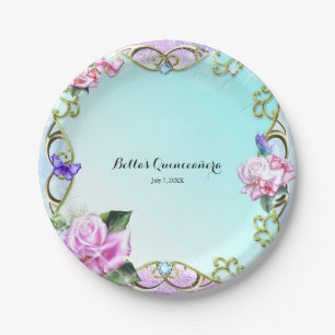 Roses & Butterflies Sparkle Birthday Party Paper Plate