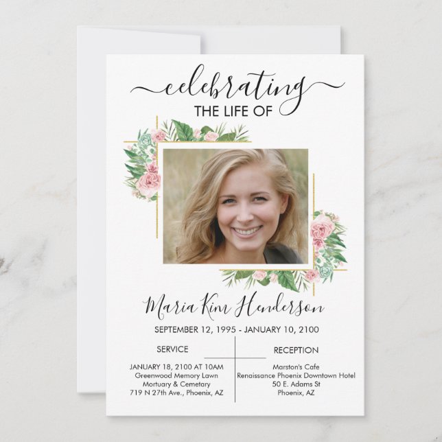 Roses Celebration of Life Funeral Memorial Photo Invitation (Front)