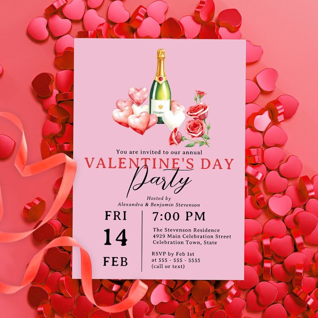 Roses Champagne and Hearts Valentine's Day Party Invitation (Creator Uploaded)