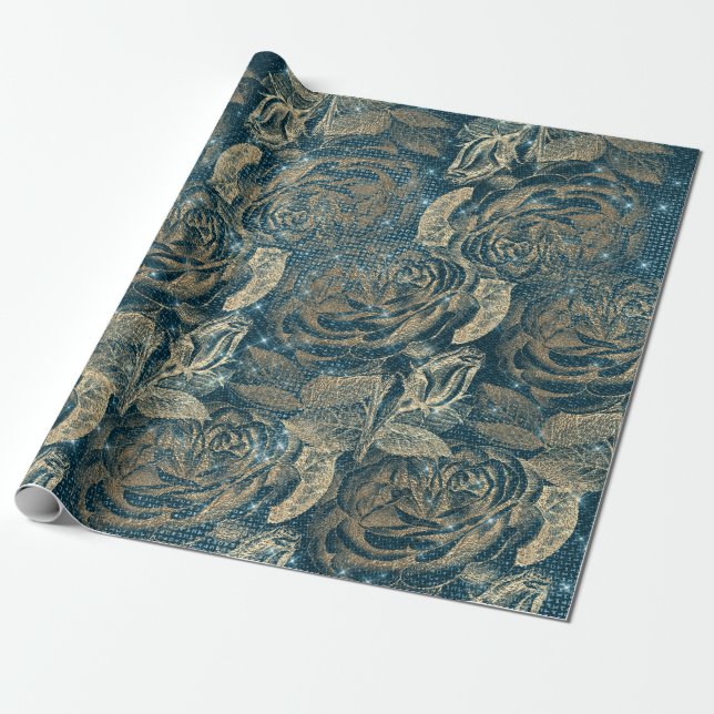 Roses Copper Orange Floral Wood Teal Gold Sparkly Wrapping Paper (Unrolled)