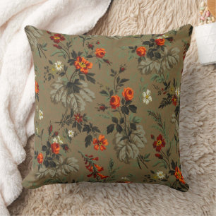 Roses & Daisies Floral Pattern Antique Wallpaper Throw Pillow