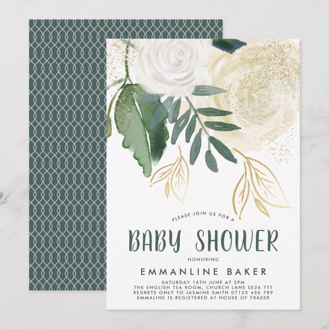 Roses d'aquarelle et Invitation de Baby shower de  (Devant / Derrière)