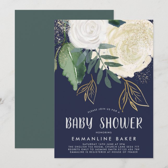 Roses d'aquarelle et Invitation de Baby shower de  (Devant / Derrière)