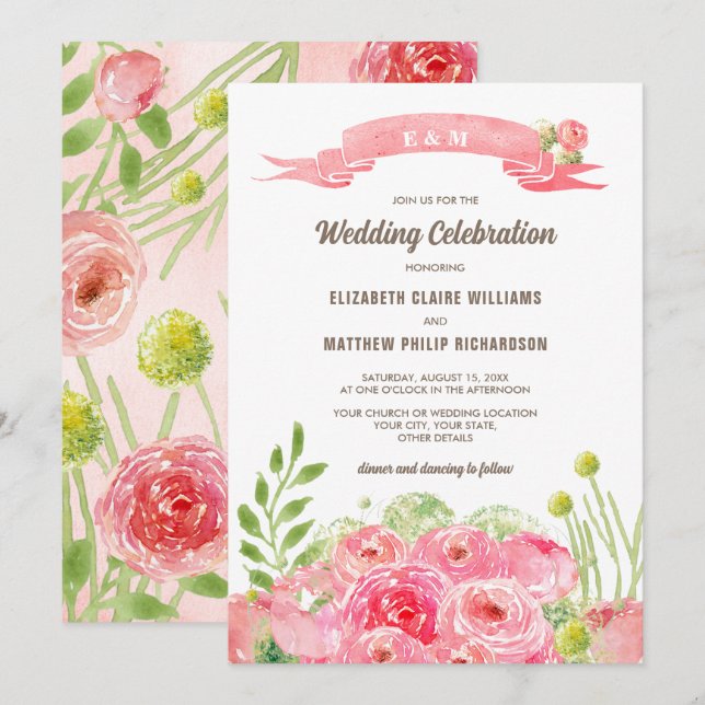 Roses d'aquarelle romantique Faire-part de mariage (Devant / Derrière)