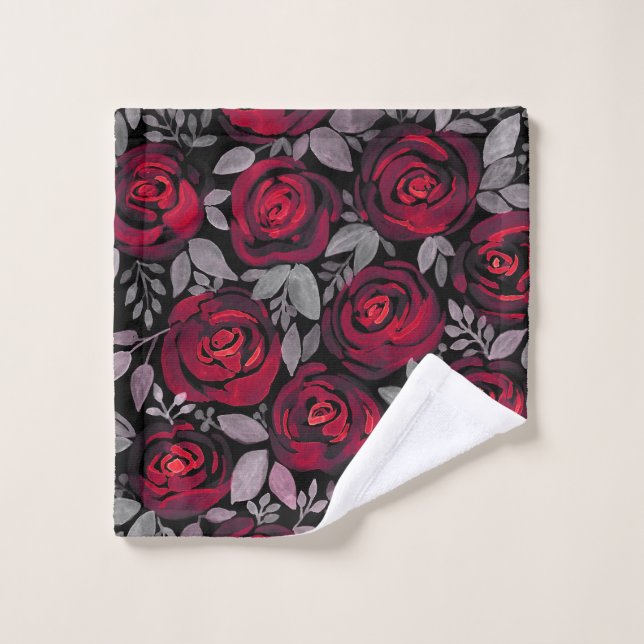 Roses d'aquarelle, roses rouges sur noir (Gant de toilette)