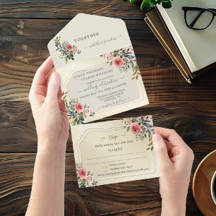 Roses d'aquarelle tous en un Faire-part de mariage