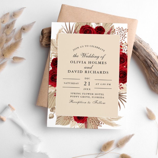 Roses de Bourgogne et Faire-part de mariage de la  (Burgundy Roses and Pampas Grass Wedding Invitation on a white table sorrounded with dry palm leaves.)