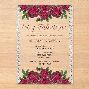 Roses & Diamonds Feminine 50th Birthday Spanish Acrylic Invitations