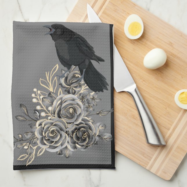 Roses d'oiseaux et serviettes de cuisine Ravens (Quart Plié)
