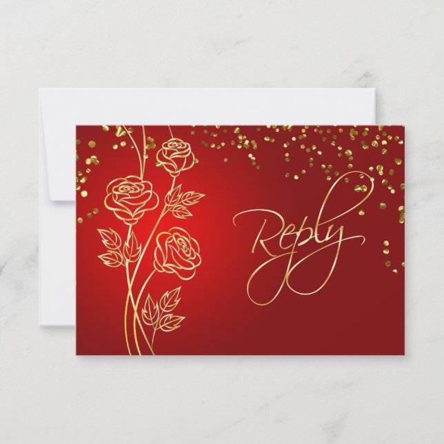 Roses d'or sur rouge, confetti Wedding RSVP (Devant)