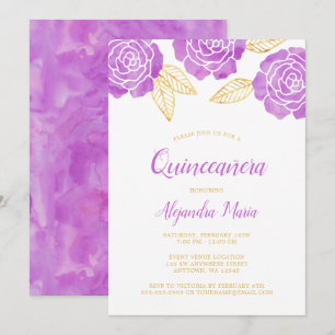 Roses d'or violet moderne Quinceanera Invitations