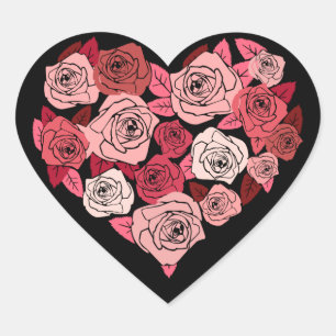 Roses du coeur et roses sur Sceau Sticker Noir