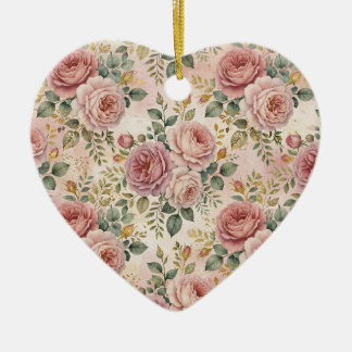 Roses Dusty Rose Elegant Charm Sage Green Gold Ceramic Ornament