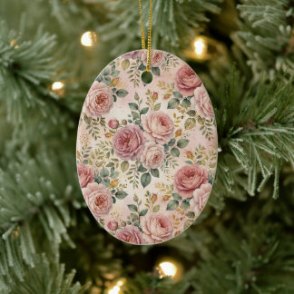 Roses Dusty Rose Elegant Charm Sage Green Gold Ceramic Ornament