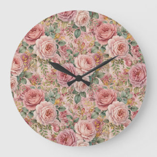 Roses Dusty Rose Elegant Charm Sage Green Gold Large Clock