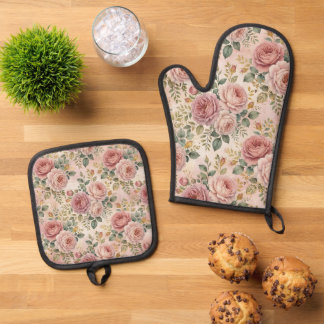 Roses Dusty Rose Elegant Charm Sage Green Gold Oven Mitt & Pot Holder Set
