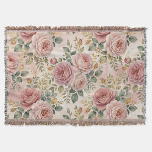 Roses Dusty Rose Elegant Charm Sage Green Gold Throw Blanket
