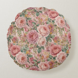 Roses Dusty Rose Sage Green Gold Rustic Charm Round Pillow