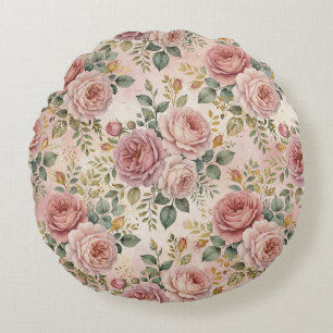 Roses Dusty Rose Sage Green Gold Rustic Charm Round Pillow