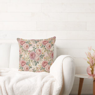 Roses Dusty Rose Sage Green Gold Rustic Charm Throw Pillow