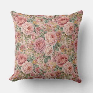 Roses Dusty Rose Sage Green Gold Rustic Charm Throw Pillow