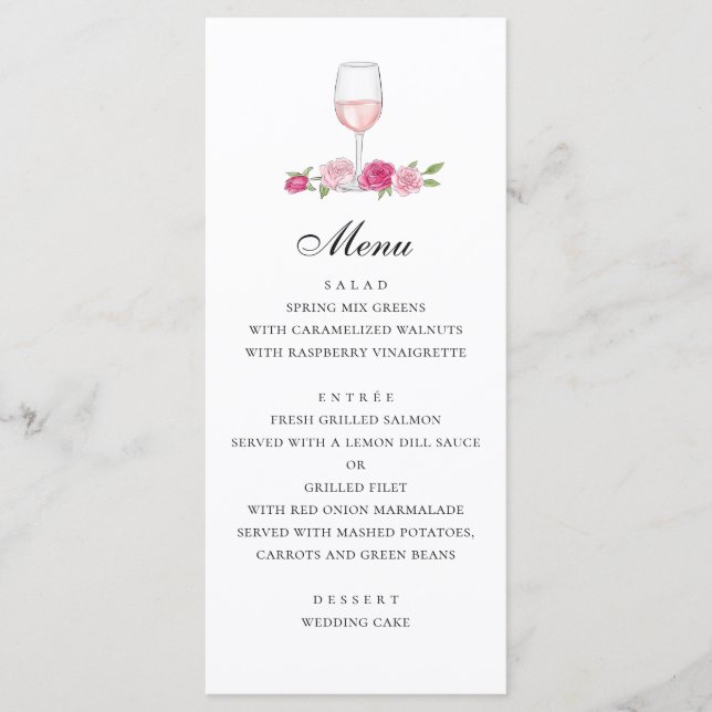 Roses. Elegant pink floral wedding. Glass of wine Menu (Front)
