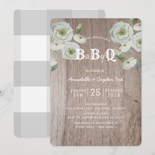 Roses et bois BaByQ Baby shower BBQ Invitation (Devant / Derrière)