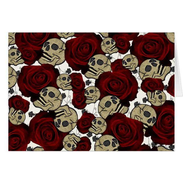 Roses et crânes rouges Noir Floral Blanc gothique (Devant Horizontal)
