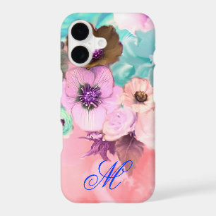 ROSES ET FLEURS D'ANÉMONE TEAL PINK MONOGRAMME