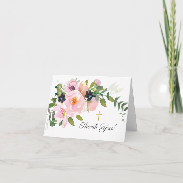 Roses et pivoines Blush Communion Merci Note (Devant)