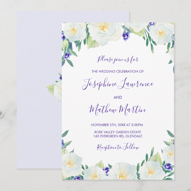 Roses et Violets blancs Invitations de mariage flo (Devant / Derrière)
