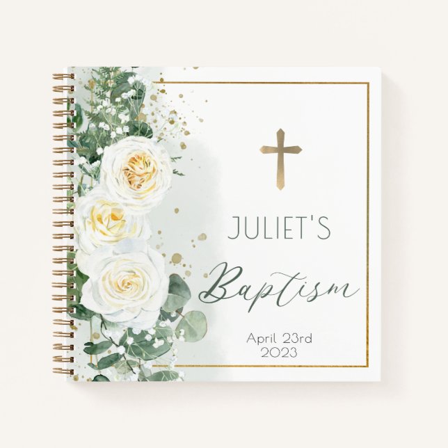 Roses Eucalyptus Floral Girl Baptism Guest Book (Front)