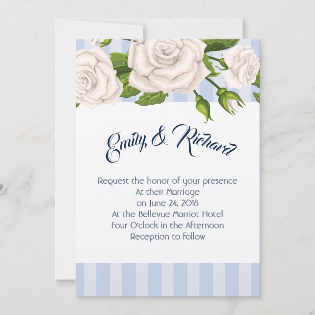 Roses faire-part de mariage-blanches sur Bleu Stri (Devant)