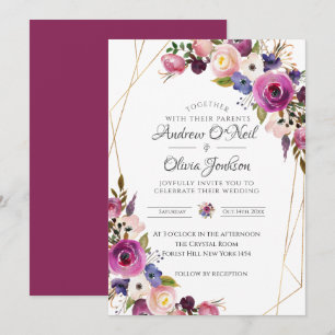 Roses faire-part de mariage violet et bleu