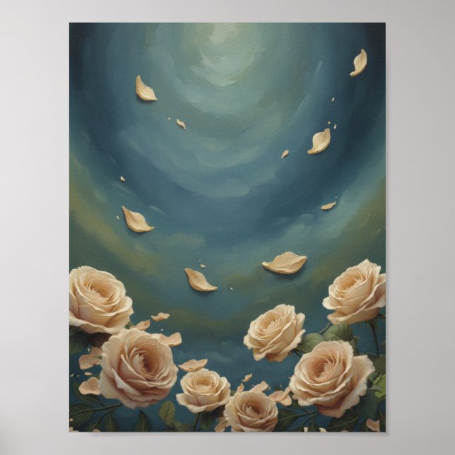  Roses & Floating Petals Teal Blue Oil Painting Poster (Front)