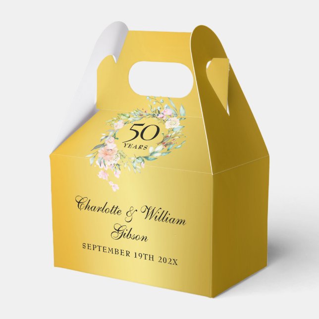Roses Floral 50th Wedding Anniversary Gold Favor Box (Front Side)