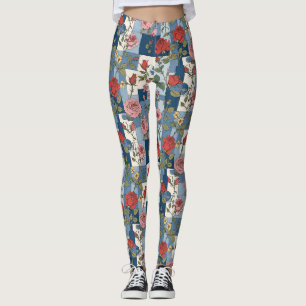 Roses Floral Blue Jean Denim Patchwork Retro Leggings