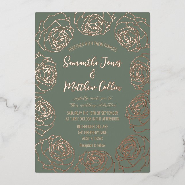 Roses Floral Boho Sage Green Gold Foil Wedding (Front)