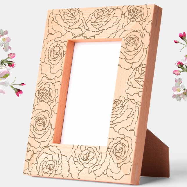 Roses Floral Botanical Etched Frames (Modern roses botanical line art etched wooden photo frame)