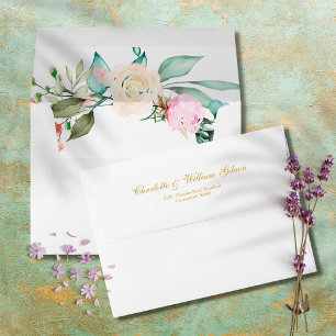 Roses Floral Chic Gold Script Wedding Name Address Envelope
