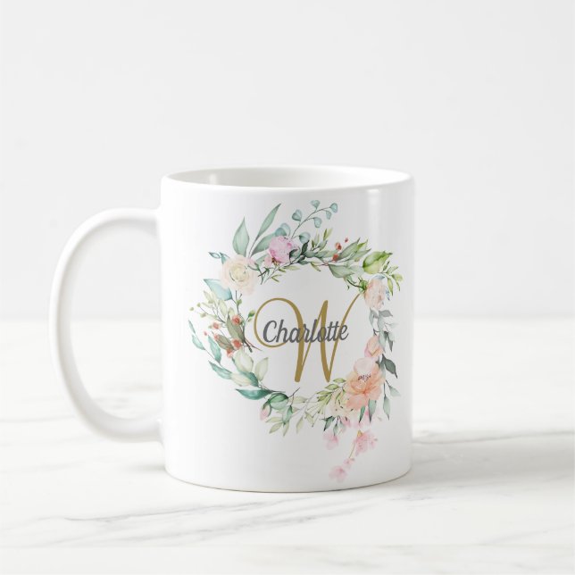 Roses Floral Elegant Gold Script Monogram Coffee Mug (Left)