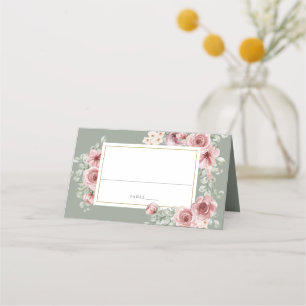 Roses Floral Elegant Sage Green Wedding Place Card