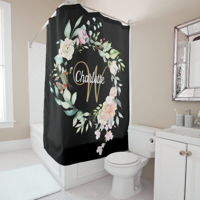 Roses Floral Elegant Script Monogram Black Gold (In Situ)