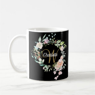 Roses Floral Elegant Script Monogram Gold Black Coffee Mug