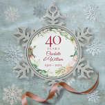 Roses Floral Garland 40th Wedding Anniversary Snowflake Pewter Christmas Ornament<br><div class="desc">Featuring a delicate watercolour floral garland,  this chic botanical 40th wedding anniversary keepsake can be personalized with your special anniversary information in an elegant text. Designed by Thisisnotme©</div>