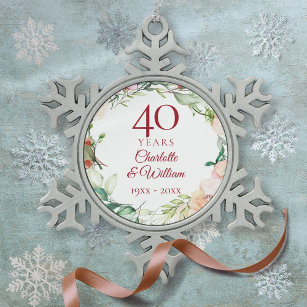 Roses Floral Garland 40th Wedding Anniversary Snowflake Pewter Christmas Ornament