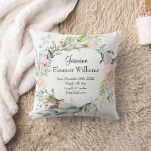 Roses Floral Garland Baby Birth Stats Throw Pillow