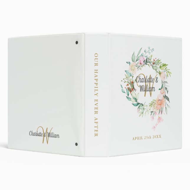Roses Floral Gold Monogram Wedding Album Binder (Background)